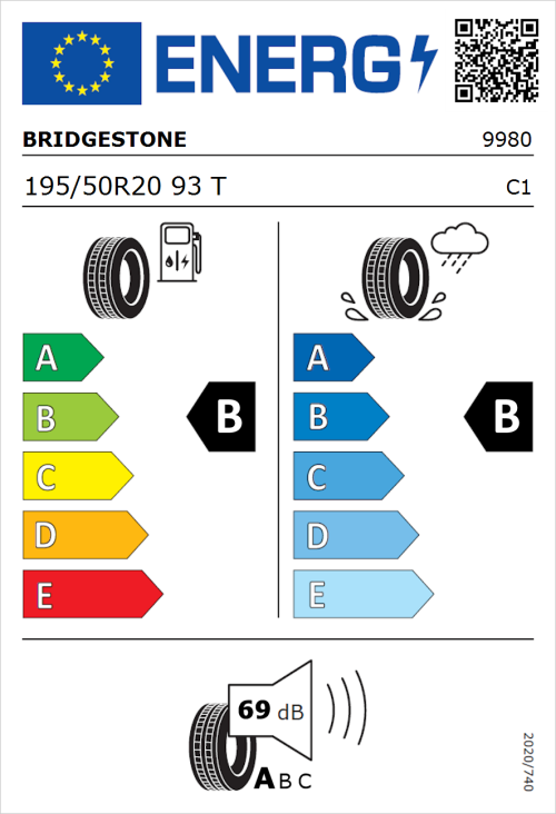 Tyre Label for Bridgestone Ecopia EP500 195/50R20 93T