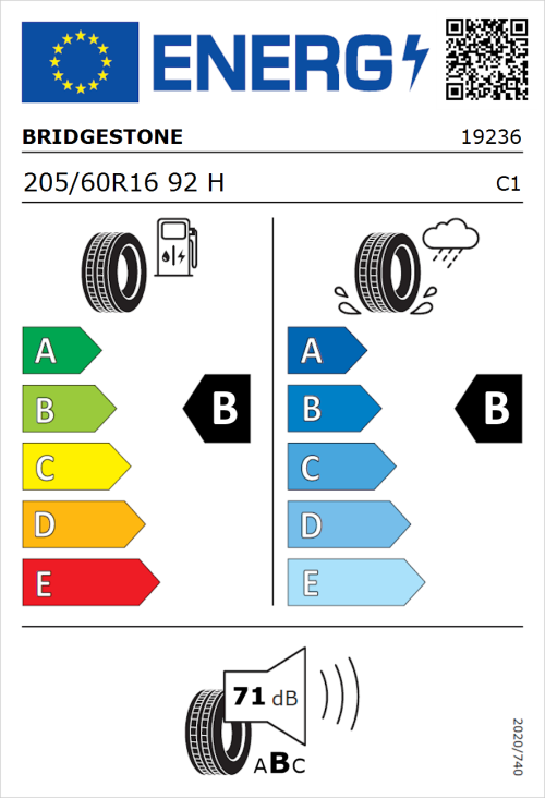 Tyre Label for Bridgestone Turanza T005 205/60R16 92H