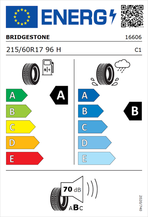 Tyre Label for Bridgestone Turanza T005 215/60R17 96H