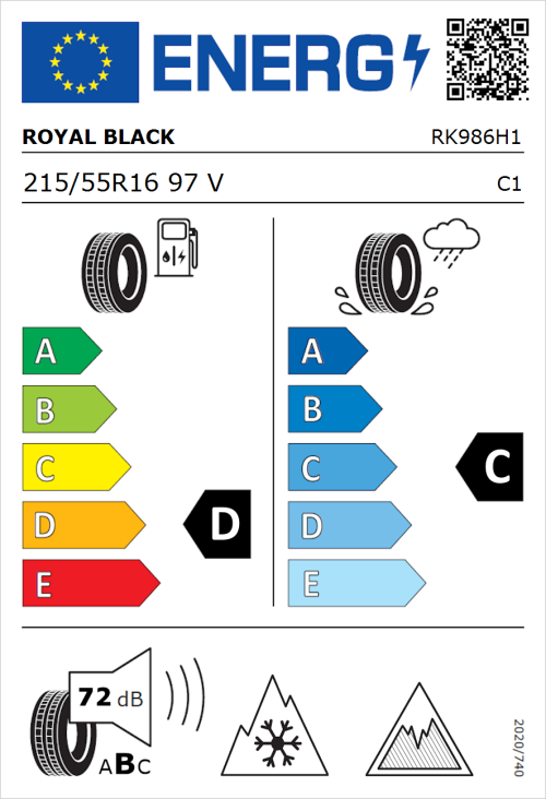 Tyre Label for Royal Black Royal A/S 215/55R16 97V