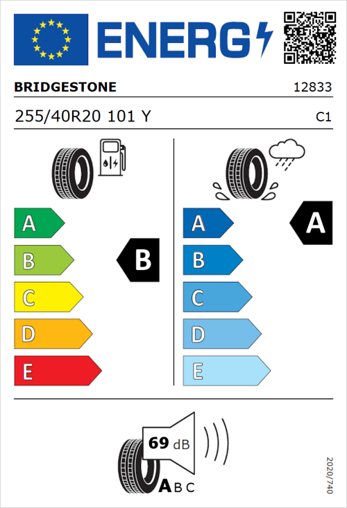 Tyre Label for Bridgestone Turanza T005 255/40R20 101Y