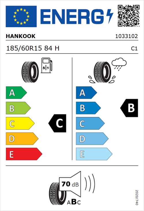 Tyre Label for Hankook Ventus Prime 3 K125 185/60R15 84H